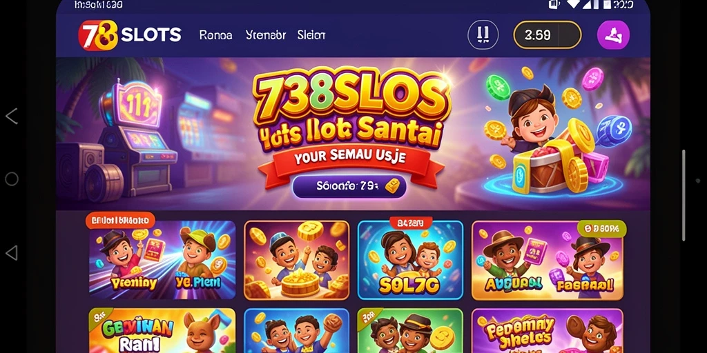 Tampilan gameplay menarik dari 738SLOTS dengan tema slot berwarna-warni.