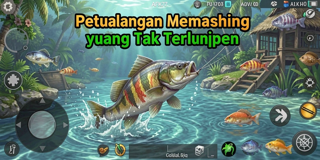 Tampilan gameplay seru dalam AFK77 saat memancing di alam yang indah.