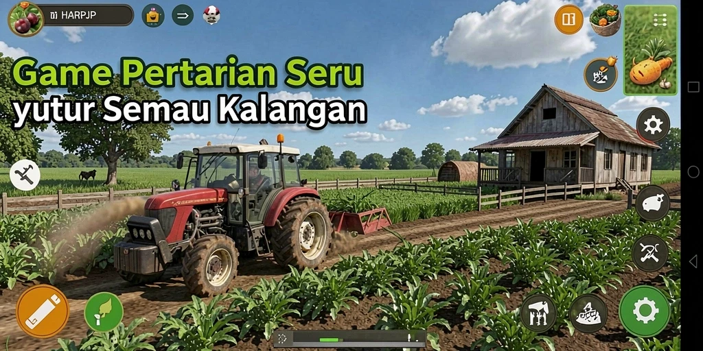 Gambaran gameplay seru dalam HARAPJP dengan pertanian yang menarik.