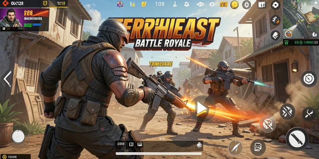 Tangkapan layar utama OLX128 menunjukkan aksi seru dalam Battle Royale.