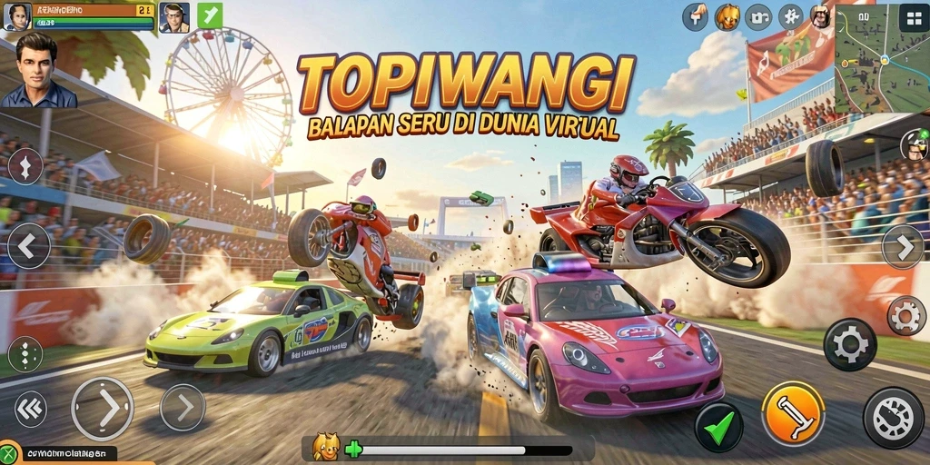 Screenshot gameplay TOPIWANGI yang menampilkan aksi balapan yang intens.